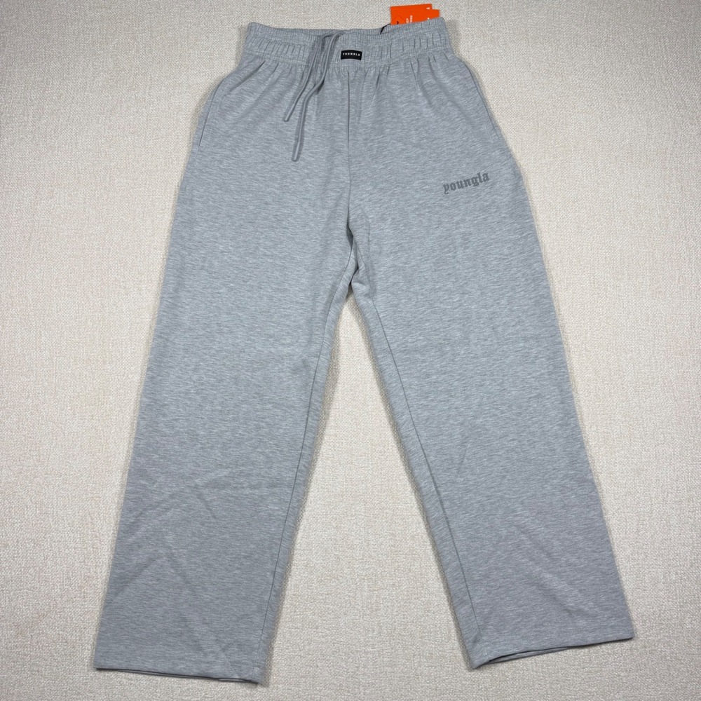 YoungLA 8001 Heather Gray Wide Leg Sweatpants Mens Medium Gothic Logo NWT